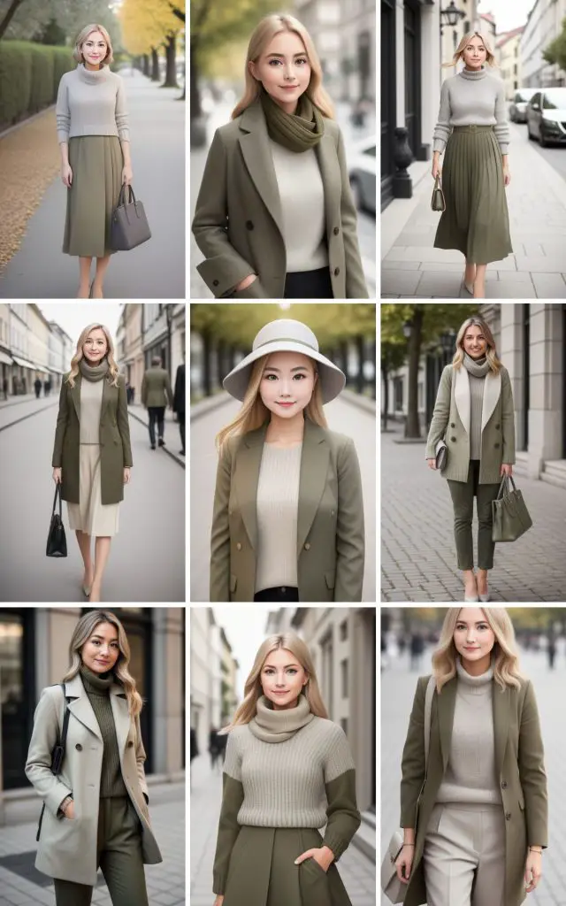 Fashionable outfit ideas showing what colors to wear with olive green, including neutral tones and vibrant accents.