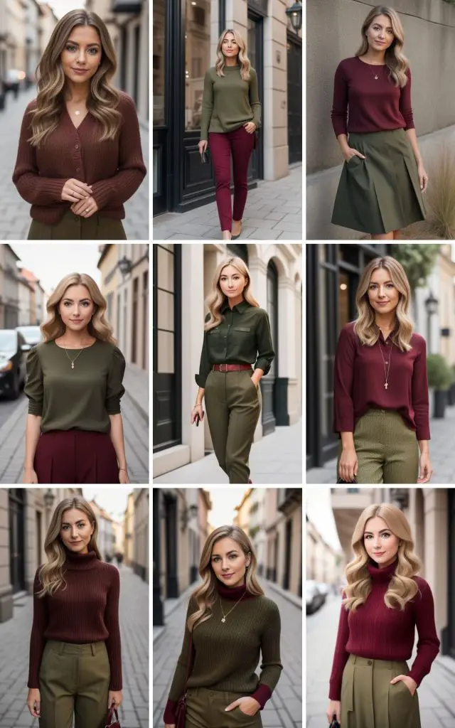 Stylish outfits featuring color combinations with olive green and bold burgundy. Discover which colors complement these hues for a fashionable and chic look.