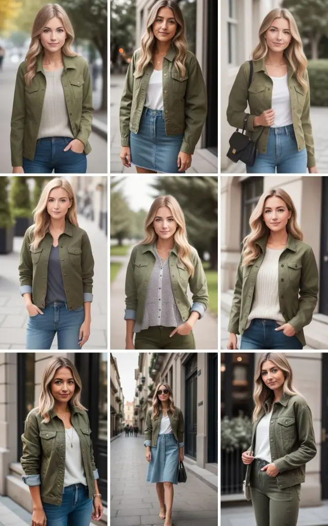 Fashion inspiration showing stylish outfit ideas with olive green denim, featuring various color combinations for a chic look.