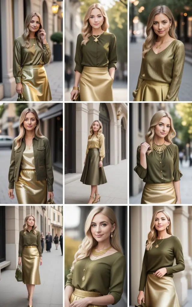 Fashionable outfit ideas featuring olive green and golden glamour color combinations for stylish, stay-at-home women.