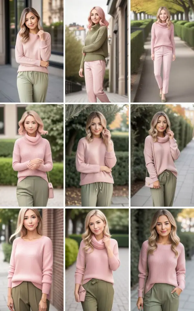 Fashion inspiration: chic olive green and blush pink outfits paired with complementary colors for a stylish and effortless look.