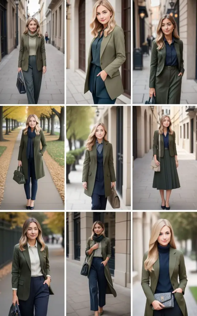 Outfits and home decor ideas featuring olive green and navy color combinations for a stylish and productive home life.